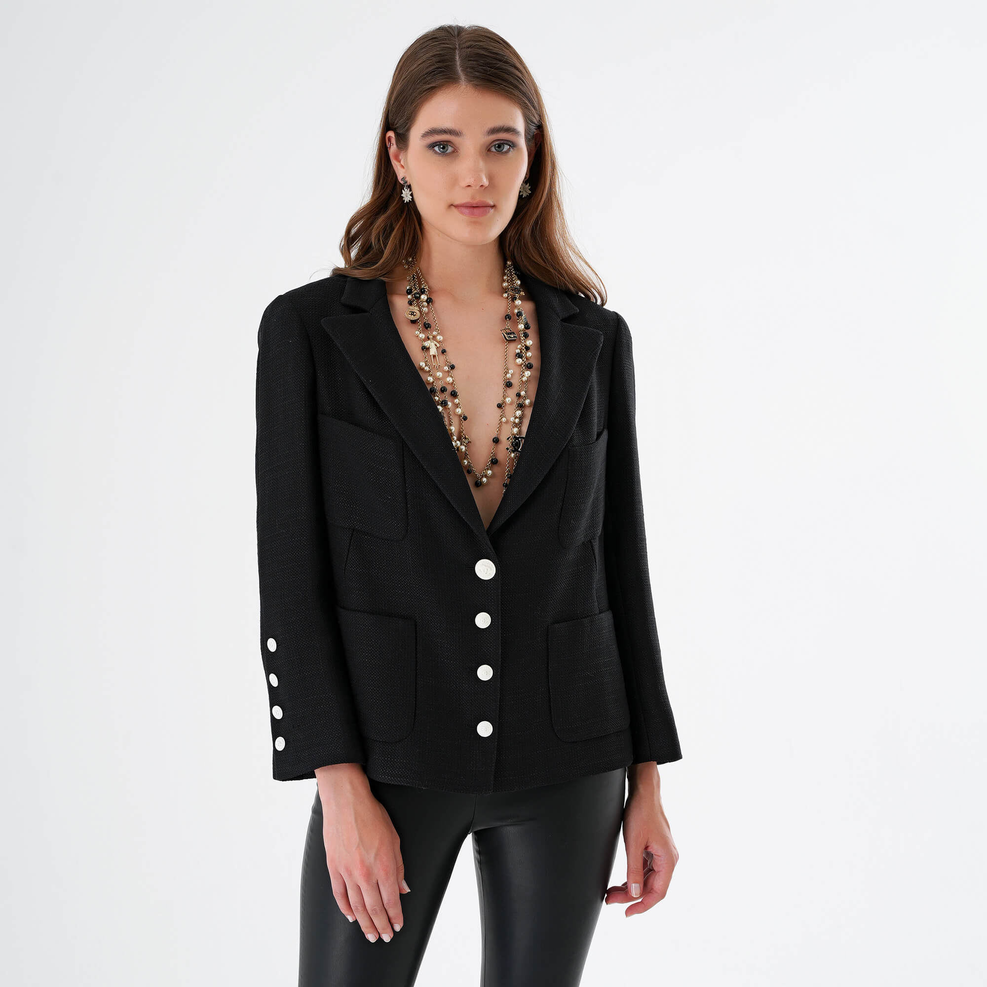 Chanel -07P 2007 Black Silk & Cotton Blended Blazer Jacket FR46